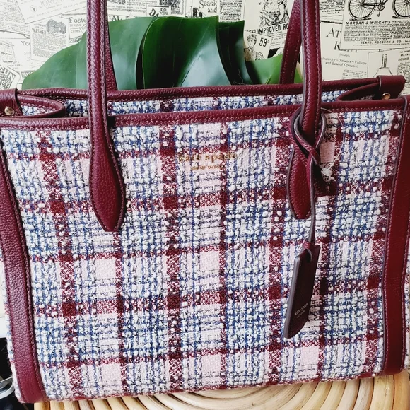 🆕 Kate Spade Market Dark Merlot Plaid Tweed Fabric Tote Maroon